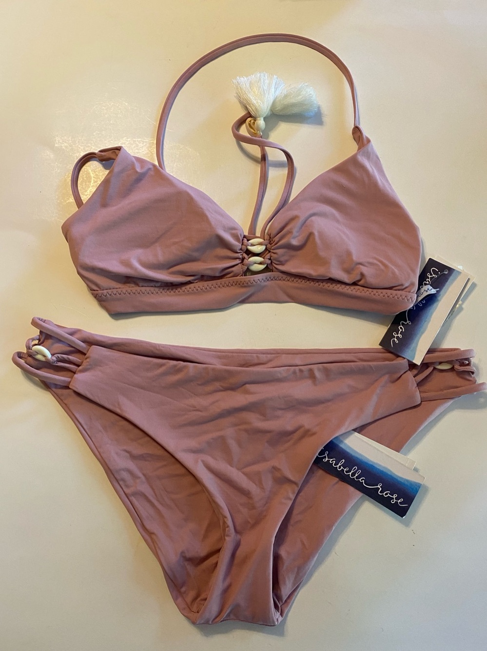 Isabella Rose Cowrie Shell Tassel Halter Bikini Set Size L Mauve/Dusty Pink NWT